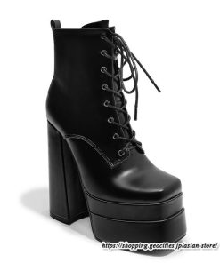 ショートブーツ | 大きいサイズ26.5cm レディース 厚底ブーツ 上品 ブーツ 秋冬 春 チャンキーヒール ハイヒール 太ヒール レースアップ コス スクエアトゥ