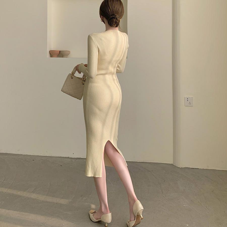 ワンピース | タイト ニットクロスネック