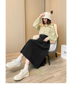 スカート | コーデュロイ台形秋冬 Aライン バッグゴム サイドポケット リブ 広い裾幅 通学通勤 オフィス ミモレ丈 可愛い ロング丈 低身長