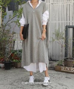 マキシ | ニットベストワンピース レディース 40代 秋冬 ワンピース Vネック ニットロングベスト ニットワンピース ゆったり ひざ下 オシャレ 韓国風 無地カジュアル