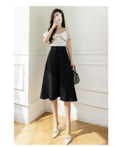 スカート | 無地 膝下 ひざ下 黒 緑 ベージュ ハイウエスト レディース Aライン 着痩せ 脚長効果 通勤 就活 日常 上品 OL エレガント オフィス ビジネス