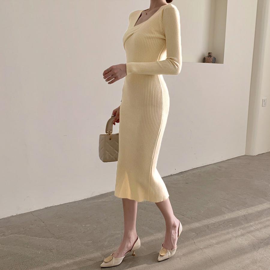 ワンピース | タイト ニットクロスネック