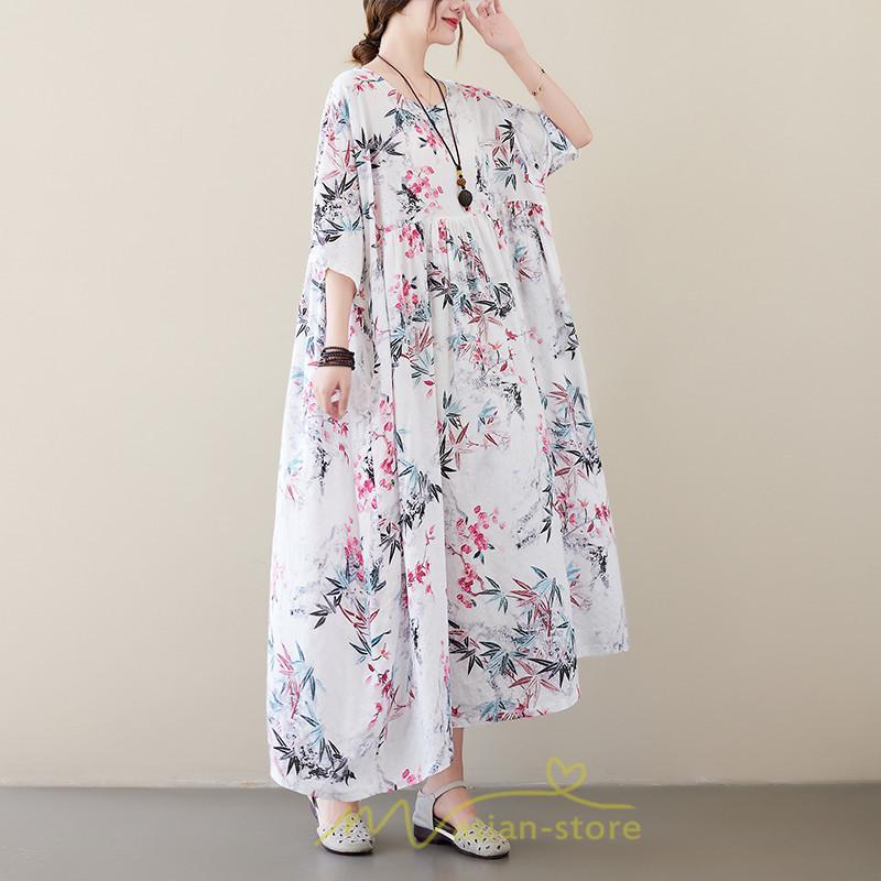 マキシ | 大きいサイズ レディース ワンピース 楽ちん 美人 コットン 着心地いい 夏 ぽっちゃり ゆったり 半袖 お腹 太もも 華奢 着痩せ ポケット 白 丸首 通勤 花柄 美脚