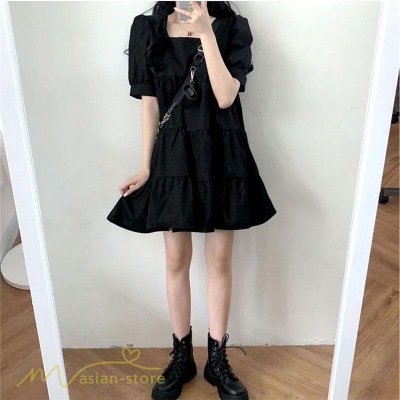 ミニ丈 | ワンピース 無地 レディース ショートワンピース 半袖 かわいい スクエアネック サマーワンピース 夏新作 カジュアル 黒 Aラインワンピース XL ゆったり 白