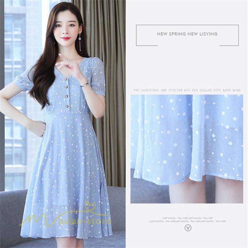 ミディアム | ワンピース レディース 着痩せ 半袖 Vネック カジュアル Aラインワンピース 大きいサイズ 上品 ドット柄 気質 春 新作 サマーワンピース 夏 おしゃれ