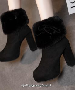 ブーツ | ショートレディース 10cmハイヒール ファー 冬用 保温防寒 太めヒール サイドジッパー スエード調 痛くない 冬靴 オシャレ 歩きやすい 痛くない