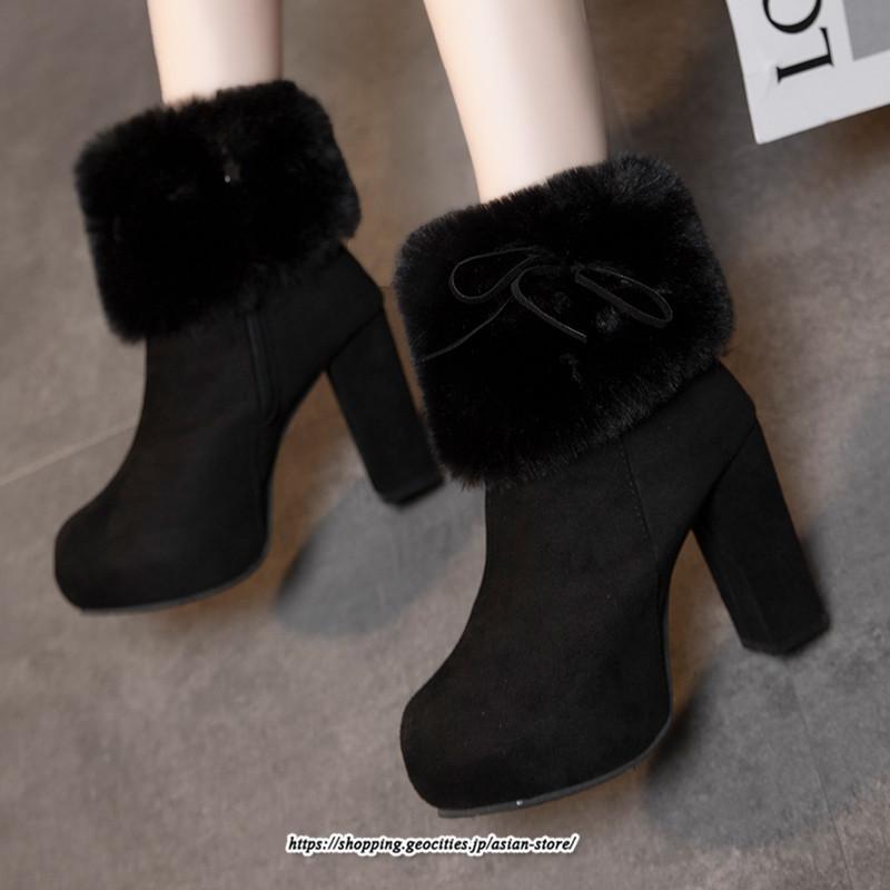 ブーツ | ショートレディース 10cmハイヒール ファー 冬用 保温防寒 太めヒール サイドジッパー スエード調 痛くない 冬靴 オシャレ 歩きやすい 痛くない