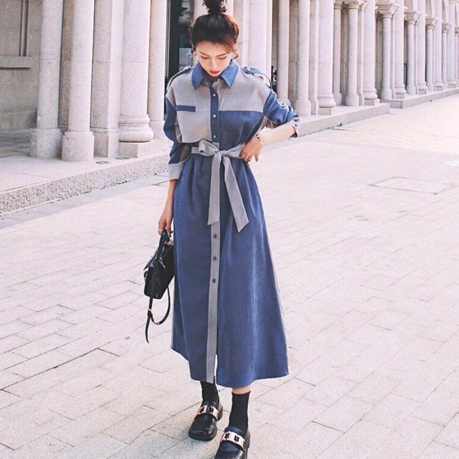 オールインワン | 長袖 ロング ウエストマーク ワンピース ミモレ丈 体型カバー ワンピース 着やせ 春秋 シャツワンピース おしゃれ レディース