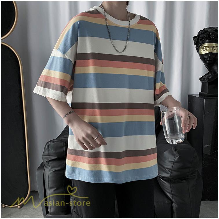 Tシャツ | カットソー メンズ ストライプ カジュアルクルーネック 5分袖 ワイドトップス メンズスタイル カッコウイイ 夏服 上品 日常感