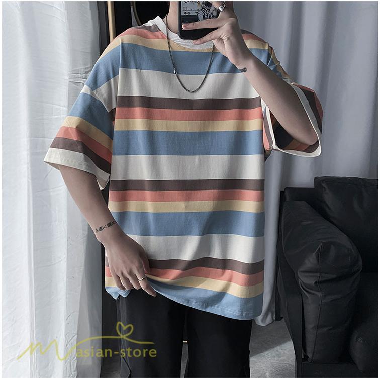 Tシャツ | カットソー メンズ ストライプ カジュアルクルーネック 5分袖 ワイドトップス メンズスタイル カッコウイイ 夏服 上品 日常感