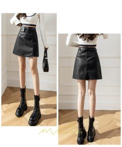 スカート | ミニレディース ミニスカ フェイクレザー ボトムス ハイウエスト タイト 秋冬 スタイリッシュ ベルト付き 可愛い カジュアル 大人 お洒落
