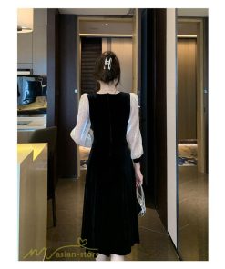 ミディアム | Aラインワンピース 秋コーデ レディース 長袖 切り替え ビロード 膝丈ワンピース 美ライン シルエット 無地 黒ワンピース オフィス フォーマル 大人 お呼ばれ