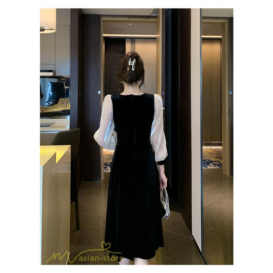 ミディアム | Aラインワンピース 秋コーデ レディース 長袖 切り替え ビロード 膝丈ワンピース 美ライン シルエット 無地 黒ワンピース オフィス フォーマル 大人 お呼ばれ