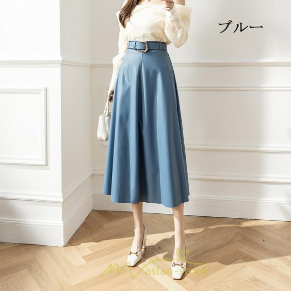 スカート | レザーフレアロング レディース ベルト付き ボトムス ロングAライン ミモレ丈 かっこいい 着痩せ キレイめ スリット