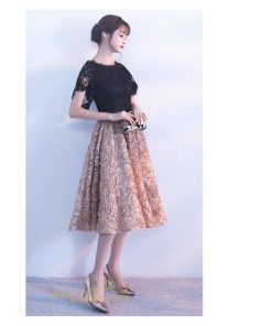 大人 | パーティードレス ドレス 刺繍 切り替え 上品 膝丈ワンピース 半袖 エレガント 二次会 結婚式 お呼ばれドレス 披露宴 黒+カーキ 卒業式 フレアワンピース ママ