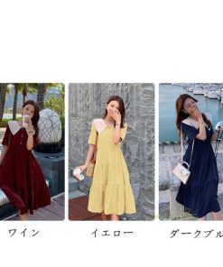 ミディアム | Aラインワンピース レディース 半袖 ロングワンピース ドールカラー ガーリー バイカラー きれいめ カジュアル ファッション 着痩せ 30代 20代 女性着 半袖