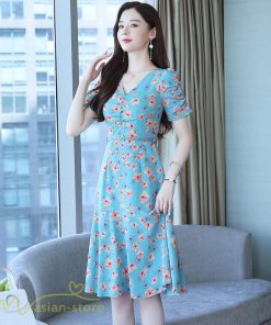 ミディアム | ワンピース レディース 着痩せ 半袖 花柄 きれいめ ミディアムワンピース カジュアル 膝丈 タック カジュアルワンピース おしゃれ サマーワンピース Vネック