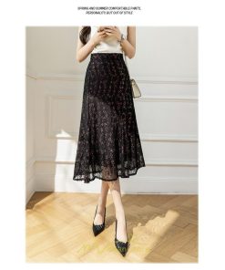 スカート | レース きれいめ 30代 40代 50代 着やせ 上品 春夏秋冬 ハイウェスト 花柄 コーデ 黒 ひざ下 膝下 知的 Aライン オシャレ 脚長効果 通勤OL 着痩せ