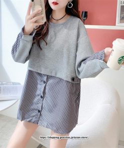 パーカー | 重ね着風トレーナー レディース 長袖 トップス カジュアル スウェット ストライプ柄 ゆったり トレーナー トップス きれいめ レイヤード風 可愛い 切り替え