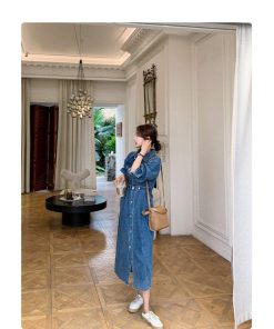 マキシ | デニムワンピース 秋 レディース ジャケット 羽織り ワンピース 長袖 腰着痩せ 女性美シルエット デニム 30代40代50代 ロング丈 オフィス 無地 秋コーデ