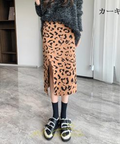 スカート | ロング 秋 冬 Aライン ロング丈 ハイウエスト ヒョウ柄 かっこいい セクシー  スリット ニット 韓国風 高見え デート おでかけ 2022新作 女子会 細見え