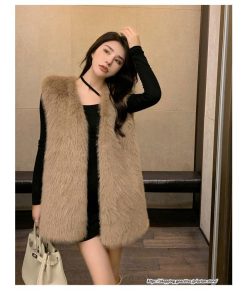 ベスト | ファーレディース 秋冬 ミドル丈 アウター ジレ 羽織り 前開き カーディガン フェイクファー コーデ ノーカラー 送料無料 秋物 冬服 袖なし