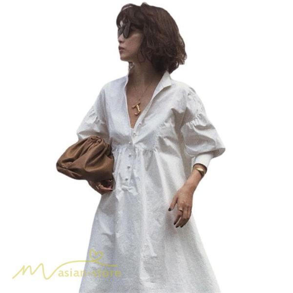 マキシ | サマーワンピース レディース 着痩せ 無地 Vネック 7分袖 コットン ゆるワンピース ゆったり ロングワンピース 夏服 ワンピース 夏 きれいめ トレンド ロング丈