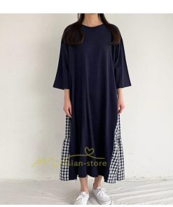 マキシ | ワンピース レディース 40代 ロングワンピース 春夏 切り替え チェック柄 お洒落 長袖 ゆったり カジュアル 通勤 30代 体型カバー 重ね着風 着痩せ 大きいサイズ
