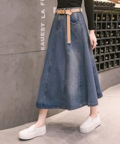 スカート | デニムプリーツフレア ハイウエスト スタイリッシュ ミディアム韓国風 上品 Aライン 大きいサイズ ゆったり 人気 レディース 春秋コーデ