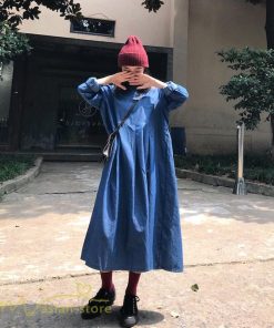 デニムワンピース | ゆるワンピース レディース デニム 長袖 レトロ風 可愛い Aラインワンピース フリーサイズ 丸首 体型カバー おしゃれ 秋 コーデ ゆったり