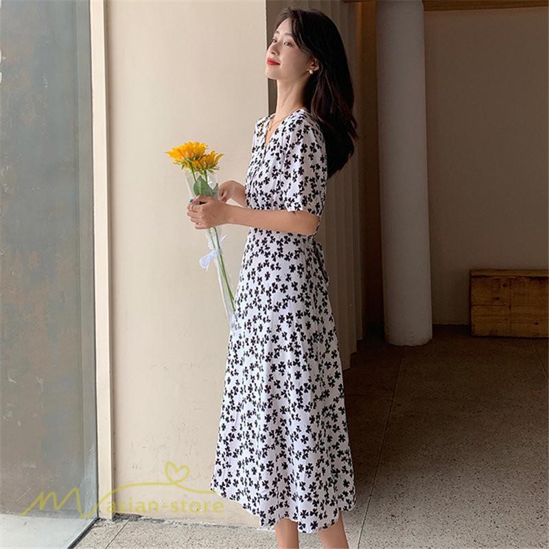 ミディアム | ワンピース レディース 着痩せ 花柄 半袖 大きいサイズ 上品 Aラインワンピース ゆったり Vネック ハイウエスト ミディアム丈 お出かけ 通勤 ひざ丈 通学