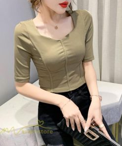 ｔシャツ・カットソー | Tシャツ Tシャツ レディース カットソー 着痩せ 5分袖 着回し 人気 スクエアネック ストレッチ 無地 ショート丈 細身 カジュアルトップス 着痩せ サマー きれい