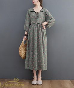 マキシ | ワンピース レディース Vネック 7分袖 秋 ロングワンピース フリーサイズ 花柄 40代 50代 大人 レトロ風 ゆるワンピース カジュアル 秋コーデ 30代 大人 20代