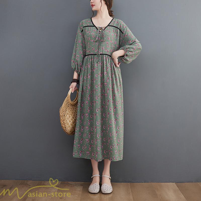 マキシ | ワンピース レディース Vネック 7分袖 秋 ロングワンピース フリーサイズ 花柄 40代 50代 大人 レトロ風 ゆるワンピース カジュアル 秋コーデ 30代 大人 20代