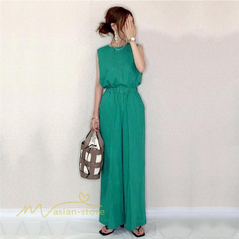 セットアップ | レディース 夏新作 無地 薄手 ワイドパンツ キャミソール ノースリーブ 薄手 上下セット ロングパンツ ガウチョパンツ ルームウェア 可愛い