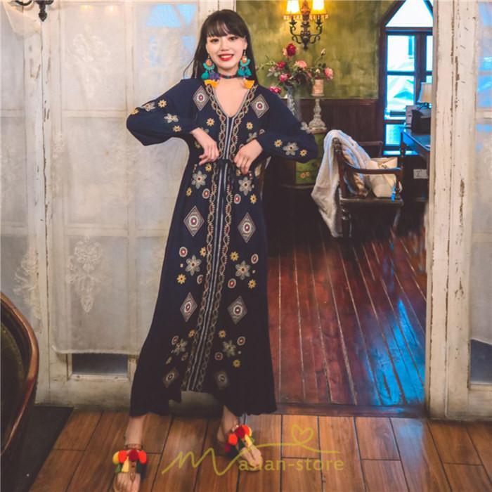 マキシ | ワンピース 長袖 レディース ロング丈 マキシ丈 綿麻 コットン リネン Aライン ゆったり 体型カバー 大人 可愛い 海外旅行 秋 夏 エスニック ナチュラル 春