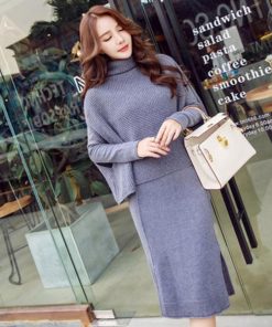 在庫ある | 短納期ニットワンピース ニットトップス 2点セット セットアップ タイトワンピース 裾スリット ハイネックショート丈トップス 長袖 シルエット OL カットソー