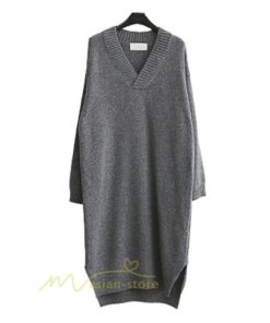 在庫ある | 短納期ロングニットワンピース ロングワンピ カットソー 長袖 トップス Vネック ゆったりセーターニット 体型カバー 通学通勤 OL ストレートニットワンピ