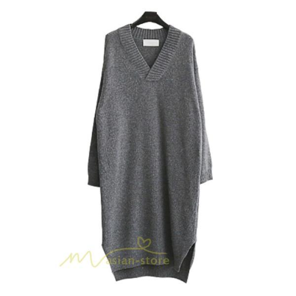 在庫ある | 短納期ロングニットワンピース ロングワンピ カットソー 長袖 トップス Vネック ゆったりセーターニット 体型カバー 通学通勤 OL ストレートニットワンピ
