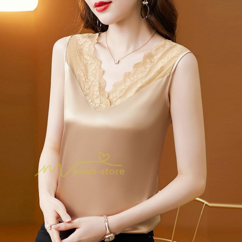 キャミソール タンクトップ | トップス タンクトップ レディース ノースリーブ Vネック Vネックタンク 20代30代40代50代 ママ 母 インナー カジュアル お出かけ カシュクール レース付き