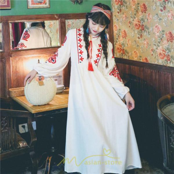 マキシ | 花柄ワンピース 丸首 リゾート ワンピース レディース 長袖 夏秋 ロング丈 マキシ丈 大人 上品 刺繍 綿麻 二次会 女子会 旅行 お出かけ コットン バカンス