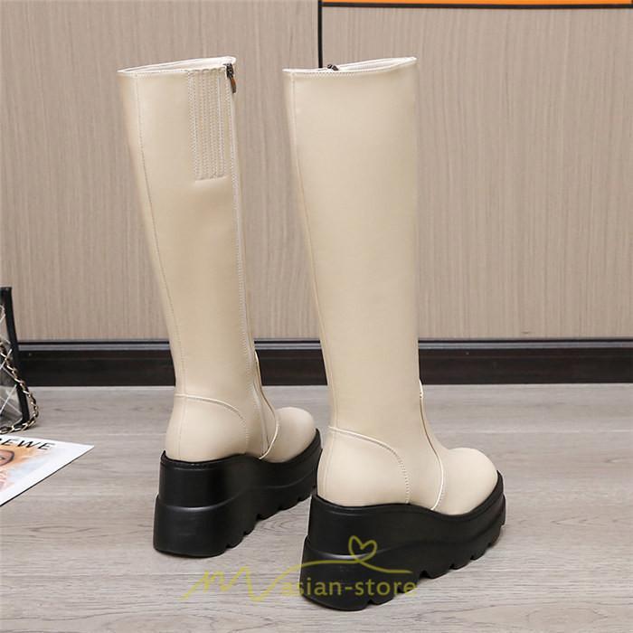 ロングブーツ | レディース ブーツ 厚底 歩きやすい 痛くない 定番 カジュアル 人気ブーツ ファスナー 黒 ブラック シンプル 美脚 おしゃれ 白 オフホワイト