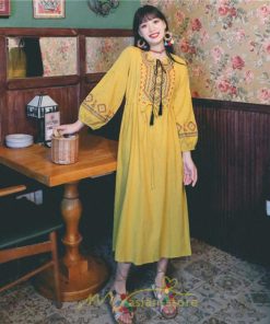 マキシ | ワンピース レディース 刺繍 綿麻 レトロ調 インスタ映え ナチュラル エスニック風 民族風 ボヘミアン 撮影 リゾート 柔らかい ウエストリボン長袖 イベント