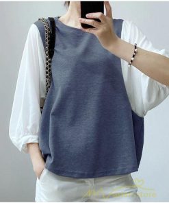 ｔシャツ・カットソー | Tシャツ レディース トップス 七分袖 切り替え ゆったり パフスリーブ 可愛い フェイク 春物 夏服 ブラウス シンプル オフィス カットソー 20代30代40代