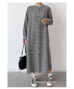 マキシ | 長袖ワンピース チェック柄ワンピース ロングワンピース レディース 秋物 ワンピース 楽チン 綿ワンピース 綿シャツワンピ スタンドカラー ゆったり 大きめ