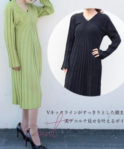 ワンピース | ニット秋冬 レディース ミモレワンピ きれいめ 膝丈下 Vネック フェミニン 長袖リブニット