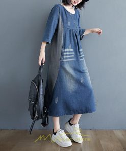 デニムワンピース | ワンピース レディース 夏 ロング丈 春 秋 七分袖 切り替え 大きいサイズ ゆったり 人気 体型カバー 20代30代40代 送料無料 着痩せ