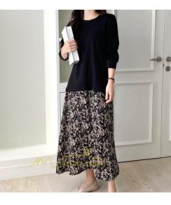 マキシ | ワンピース ドッキングワンピース レディース 長袖 2way ニット 重ね着風 大きいサイズ 30代 40代 50代 お出かけ マキシワンピ 体型カバー カジュアル 春夏秋