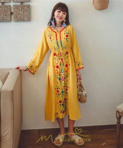 マキシ | ワンピース コットン 長袖ワンピース カジュアル ゆったり ナチュラル シンプル 可愛い 夏 秋 エスニック Vネック 鎖骨 レトロ 黄色 刺繍 白 青 三色展開