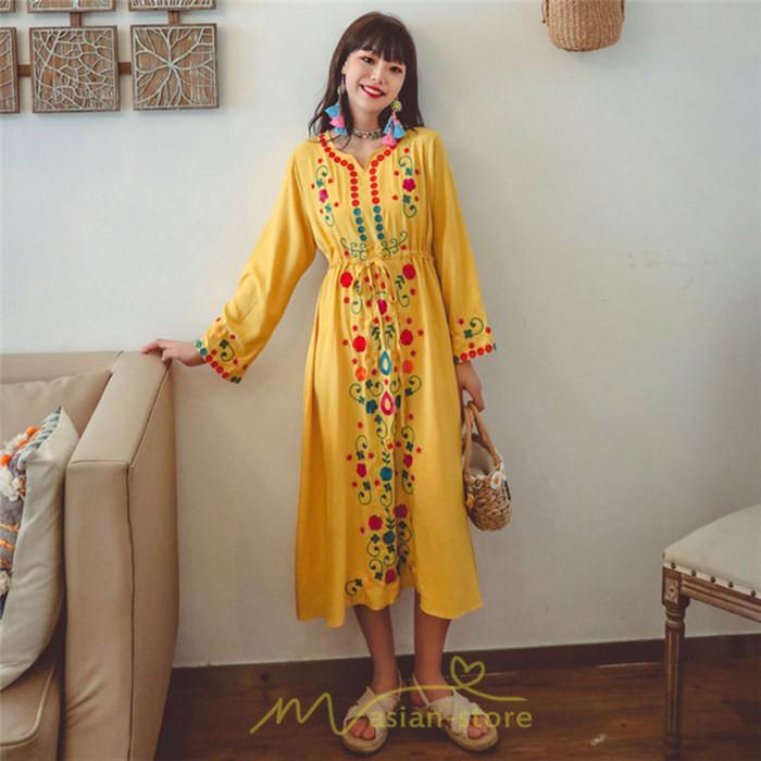 マキシ | ワンピース コットン 長袖ワンピース カジュアル ゆったり ナチュラル シンプル 可愛い 夏 秋 エスニック Vネック 鎖骨 レトロ 黄色 刺繍 白 青 三色展開
